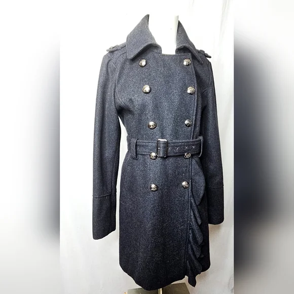 GUESS‎ Los Angeles Charcoal Gray Belted Wool Blend Coat Paisley Lined Size M-L